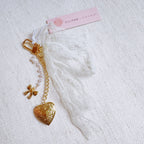 Lace & Love Heart Bag Charm  – White Bow with Gold Heart | Romantic Chic
