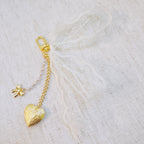 Lace & Love Heart Bag Charm  – White Bow with Gold Heart | Romantic Chic