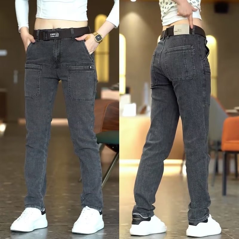 Six-Pocket Straight-Leg Simple Mid-Waist Jeans