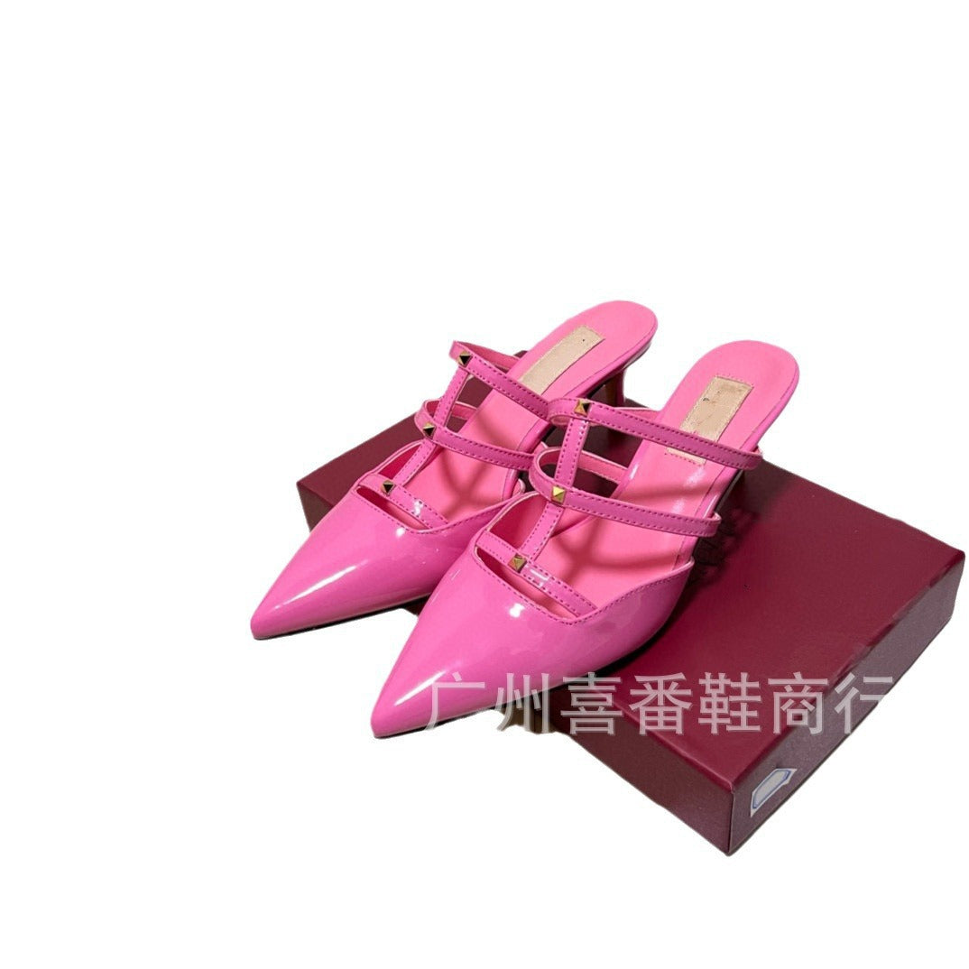 Leather Pointed Metal Rivet Shallow Heels
