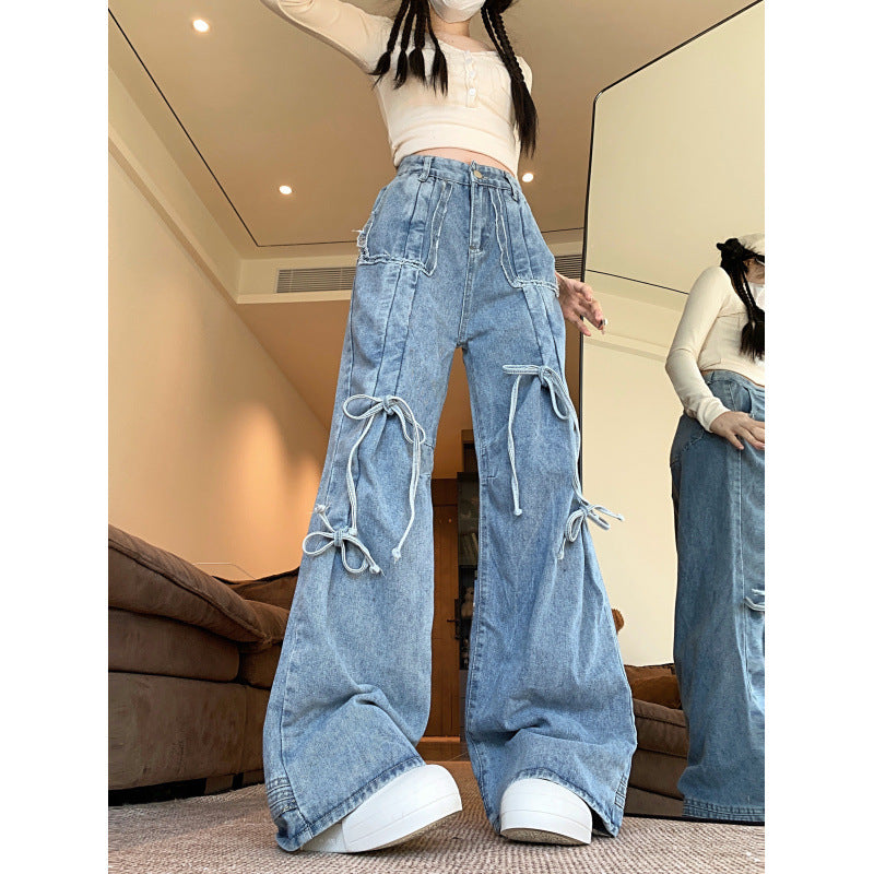 High-Waisted Wide-Leg Jeans with Bow Ties