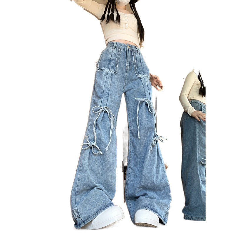 High-Waisted Wide-Leg Jeans with Bow Ties