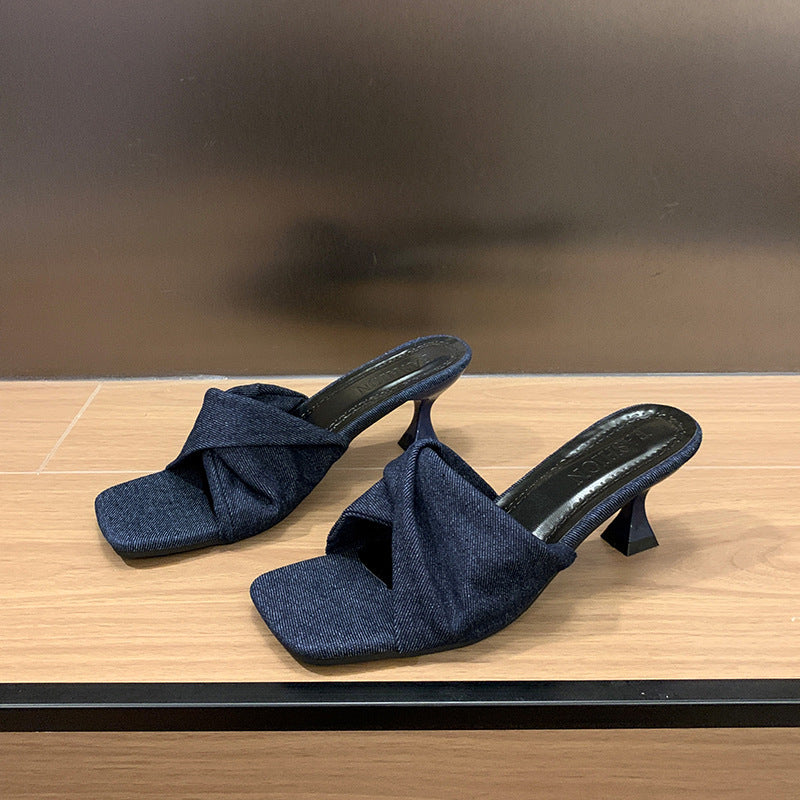 Denim Cross-Strap Square-Toe Stiletto