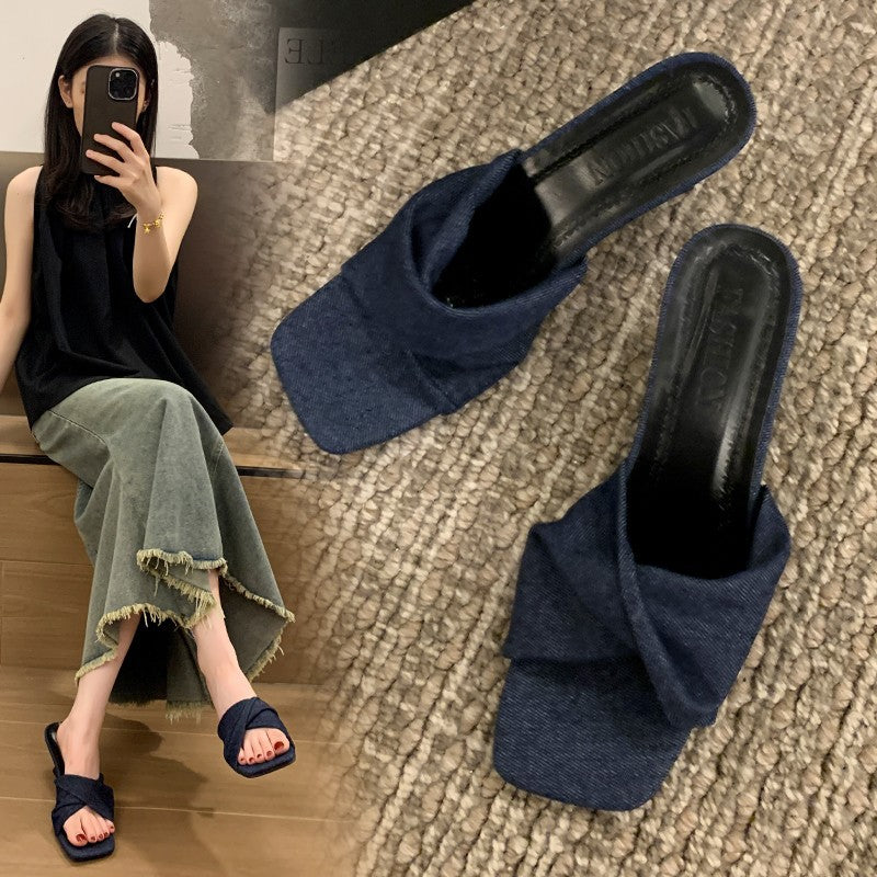 Denim Cross-Strap Square-Toe Stiletto