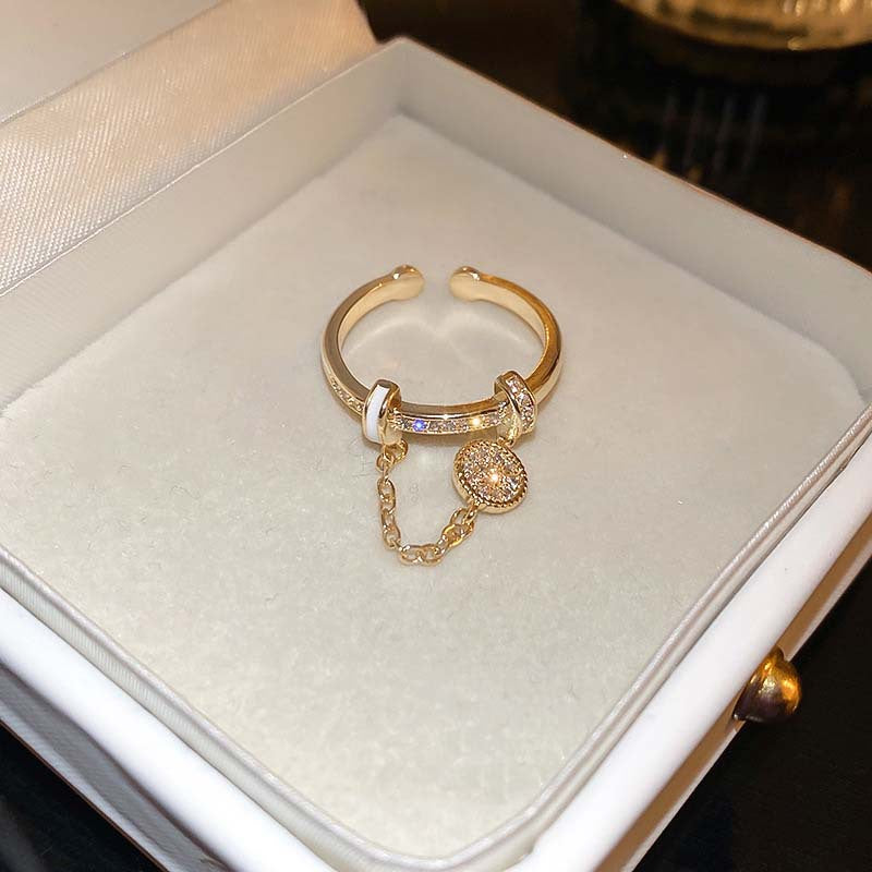 Zircon Diamond Round Chain Tassel Real Gold-plated Ring