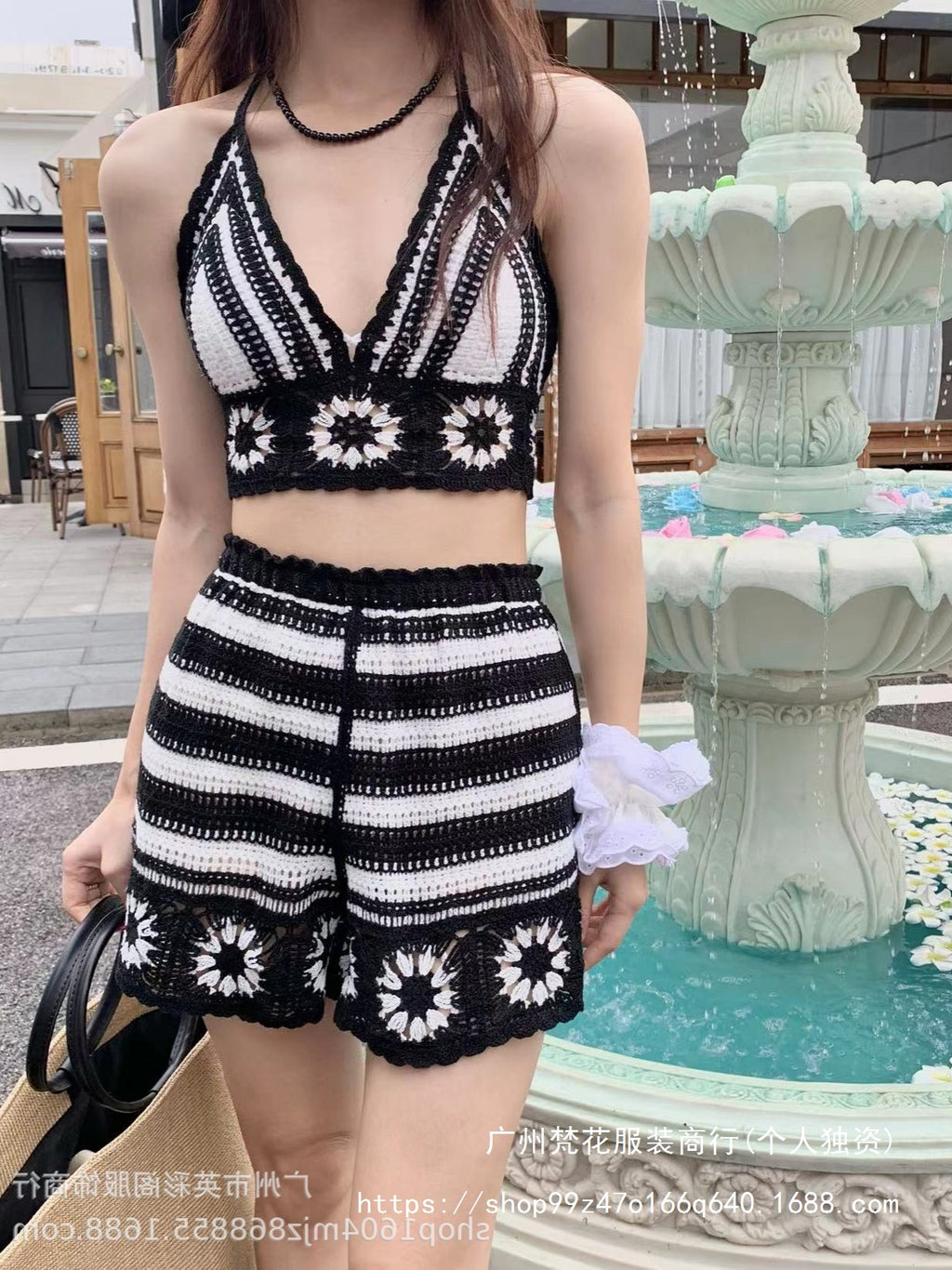 Hollow Embroidered Strap Vest Bra Shorts Set