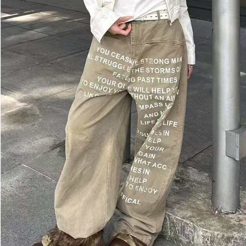 Retro Washed Letter Printed Wide-Leg Jeans