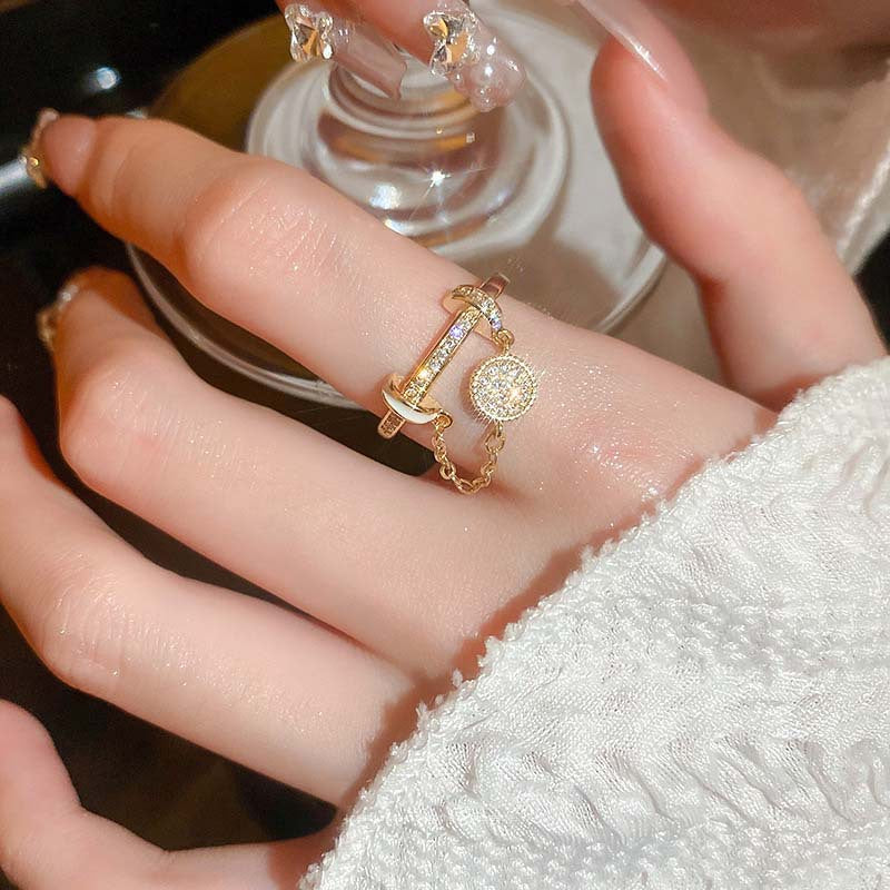 Zircon Diamond Round Chain Tassel Real Gold-plated Ring