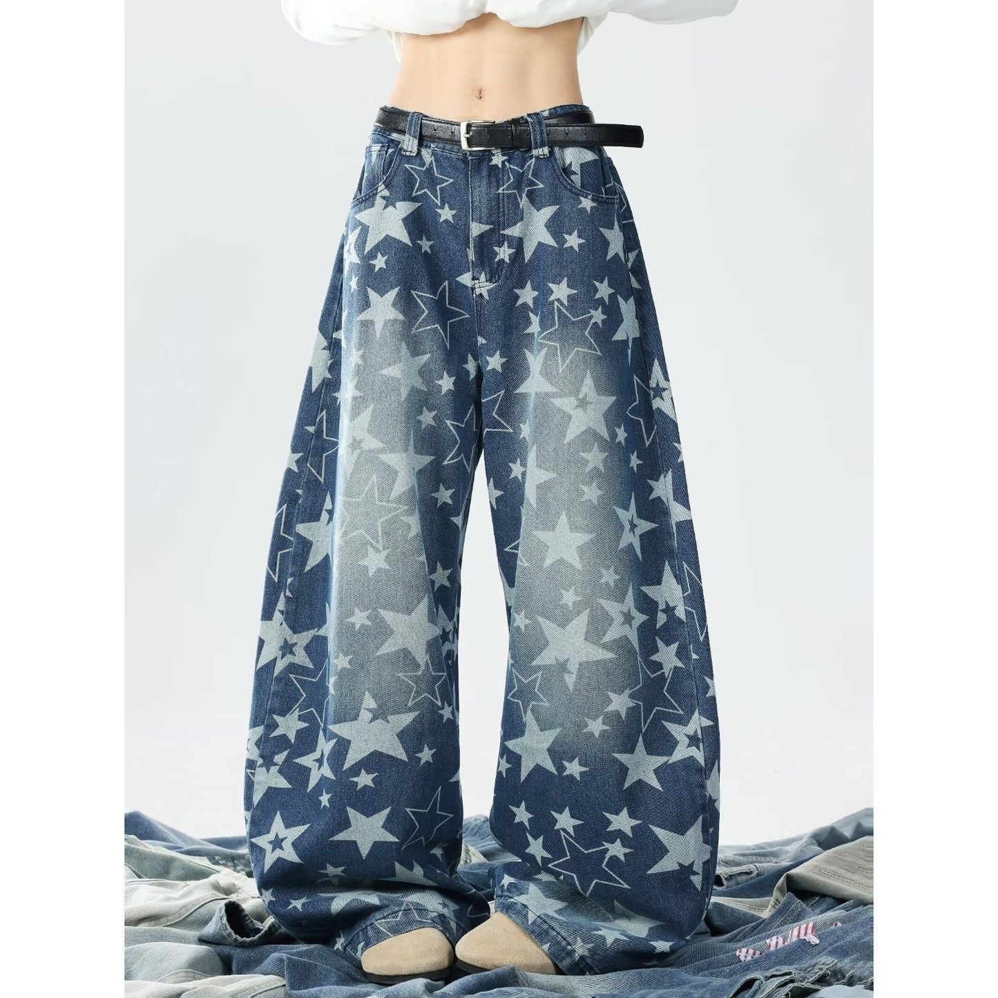 Star Pattern Distressed Denim Pants