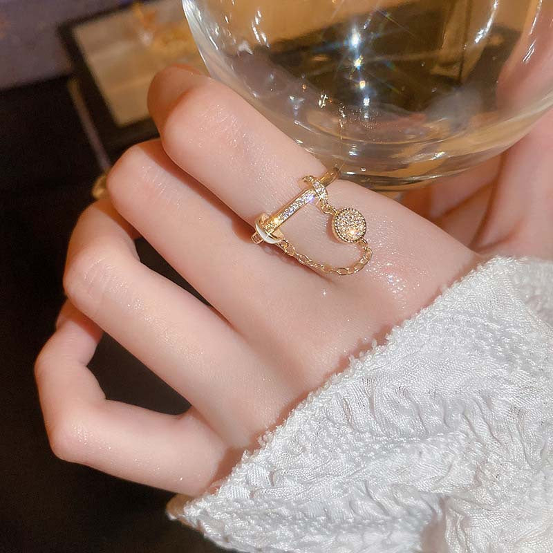 Zircon Diamond Round Chain Tassel Real Gold-plated Ring