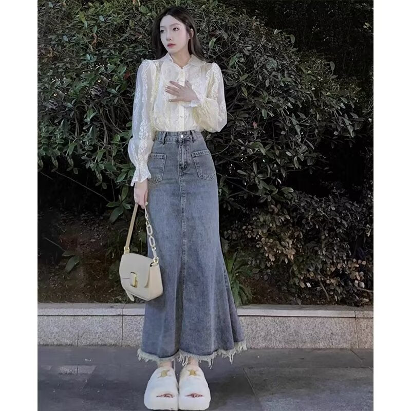 High-Waisted Mermaid Denim Maxi Skirt