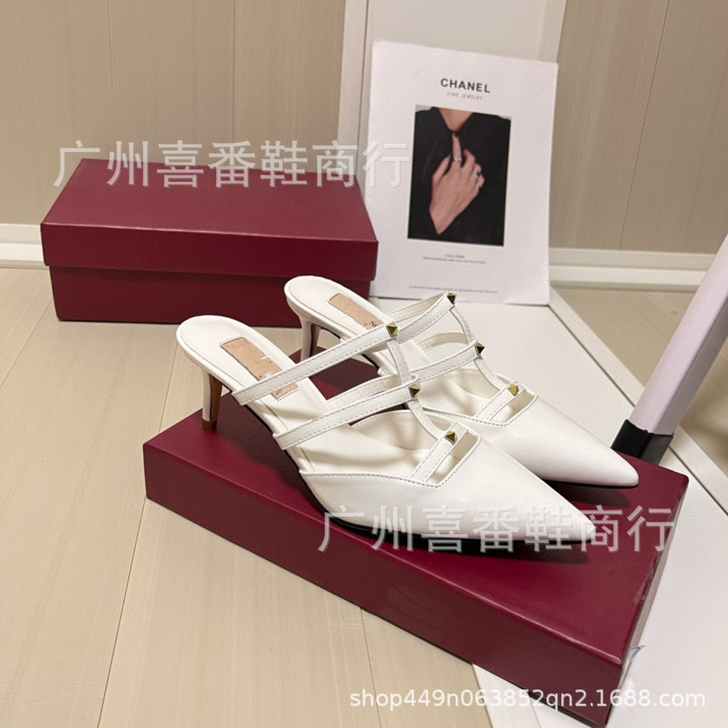 Leather Pointed Metal Rivet Shallow Heels
