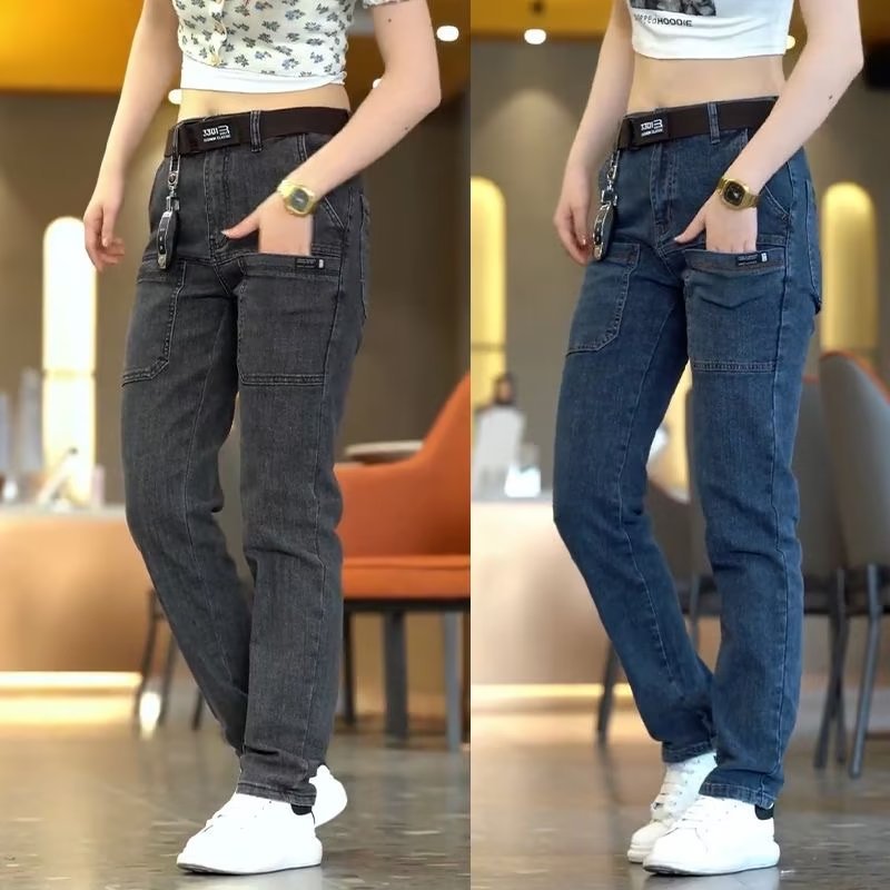 Six-Pocket Straight-Leg Simple Mid-Waist Jeans