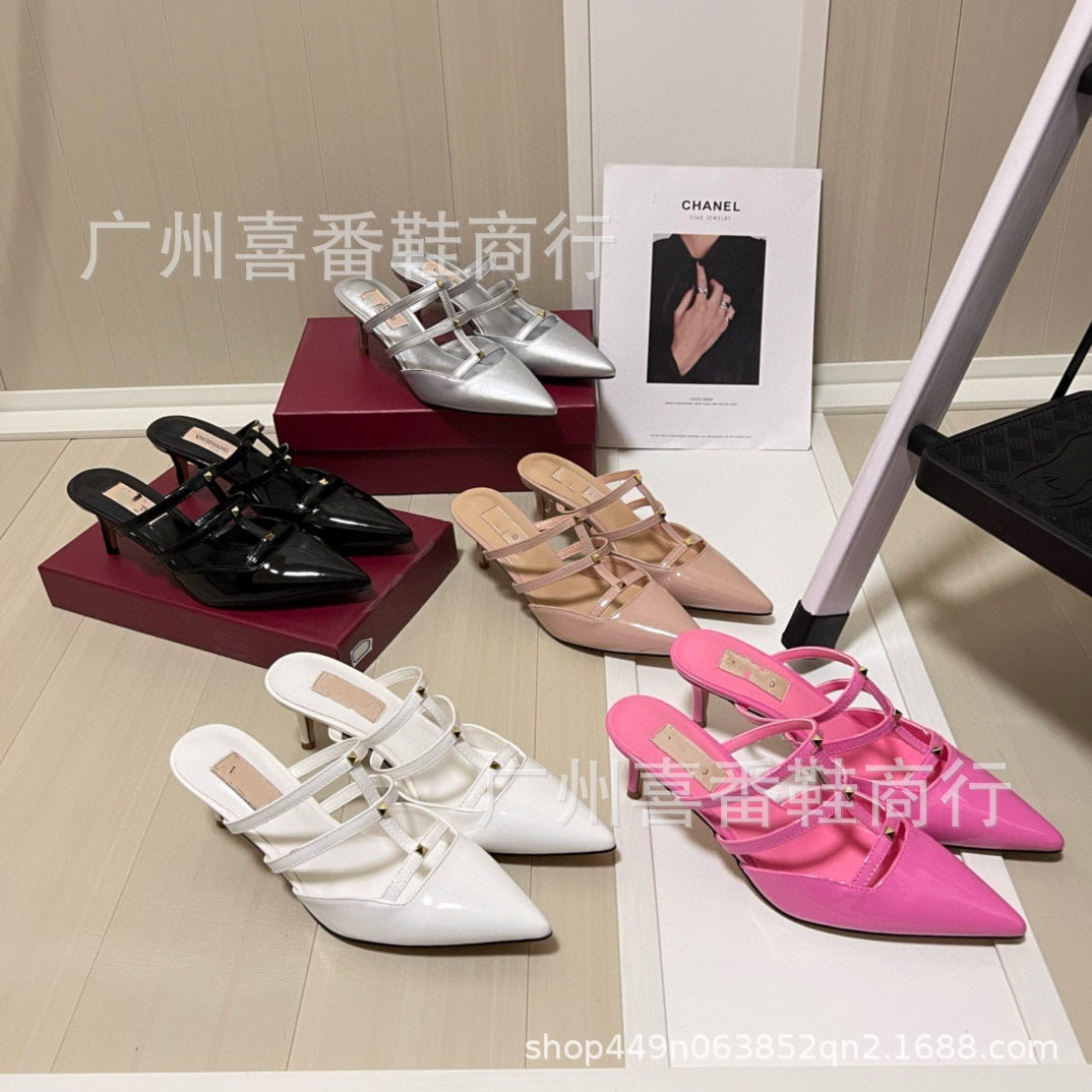 Leather Pointed Metal Rivet Shallow Heels
