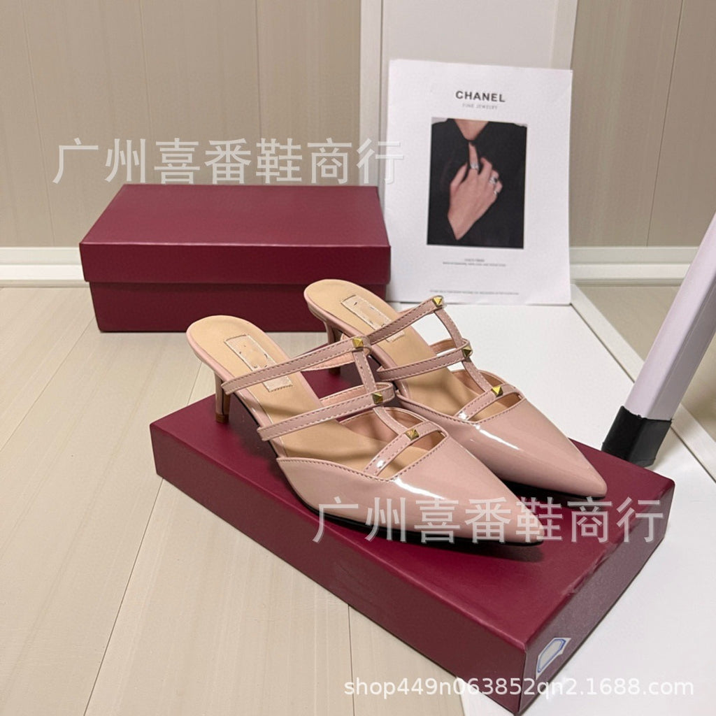 Leather Pointed Metal Rivet Shallow Heels