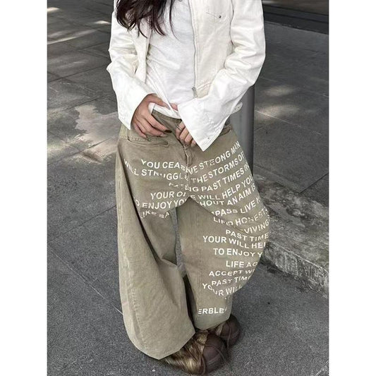 Retro Washed Letter Printed Wide-Leg Jeans