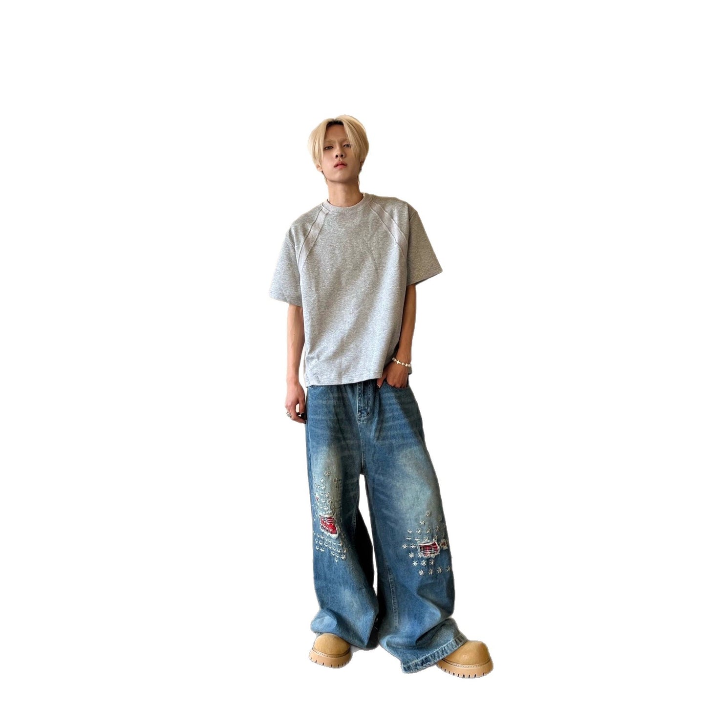 Distressed Embroidered Patch Jeans