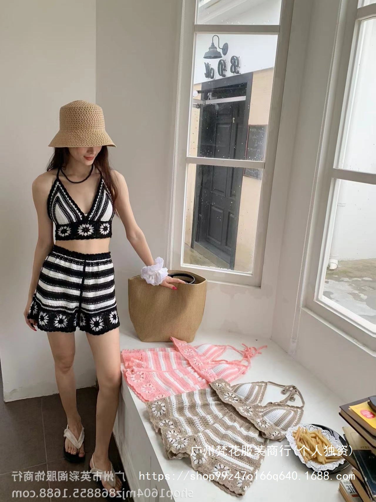 Hollow Embroidered Strap Vest Bra Shorts Set