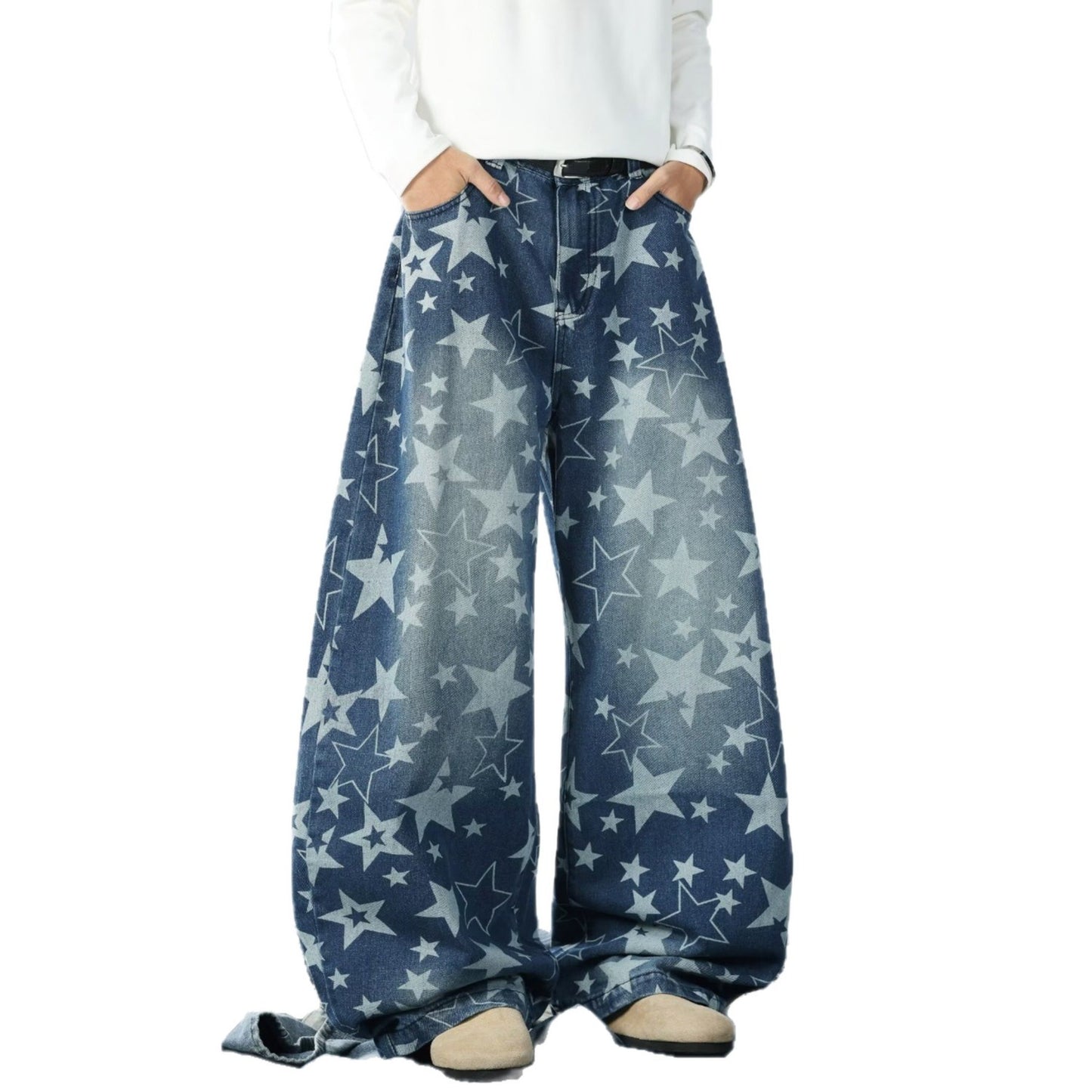 Star Pattern Distressed Denim Pants