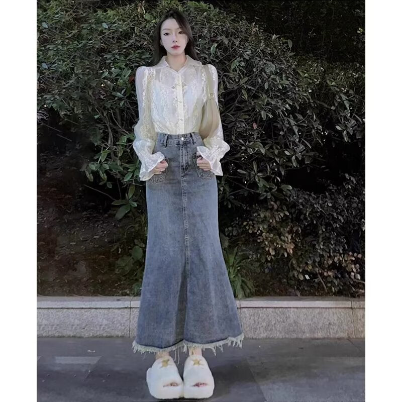 High-Waisted Mermaid Denim Maxi Skirt