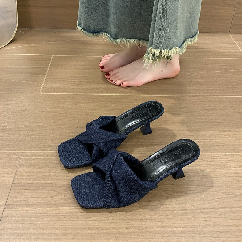 Denim Cross-Strap Square-Toe Stiletto