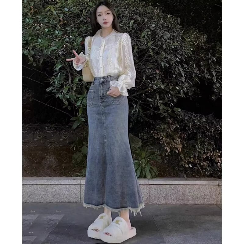 High-Waisted Mermaid Denim Maxi Skirt