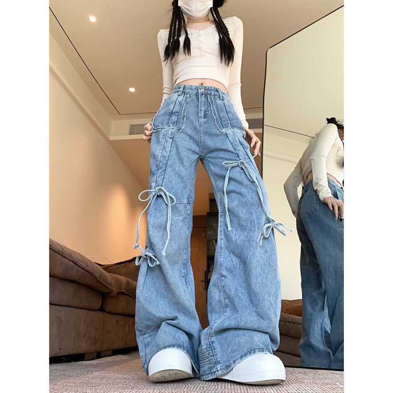 High-Waisted Wide-Leg Jeans with Bow Ties