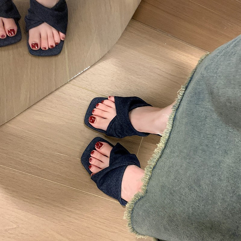 Denim Cross-Strap Square-Toe Stiletto