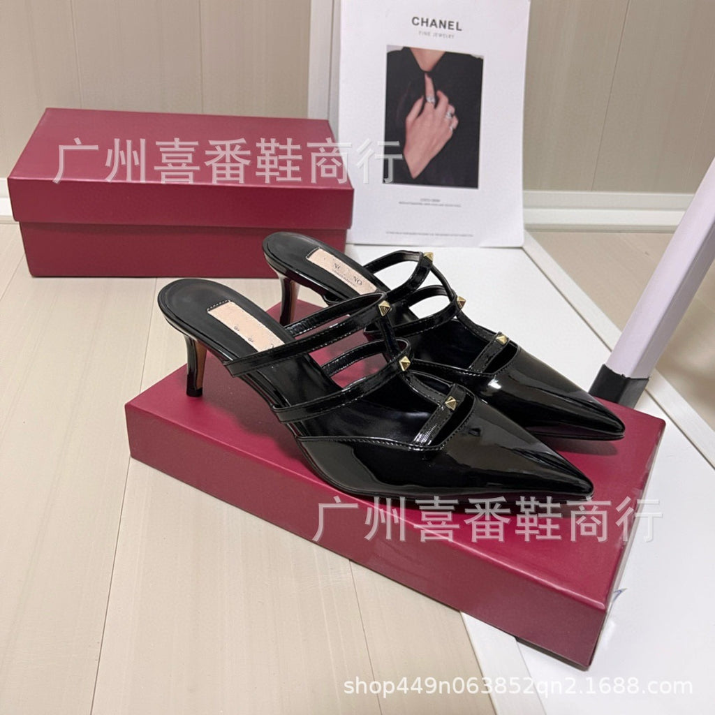 Leather Pointed Metal Rivet Shallow Heels