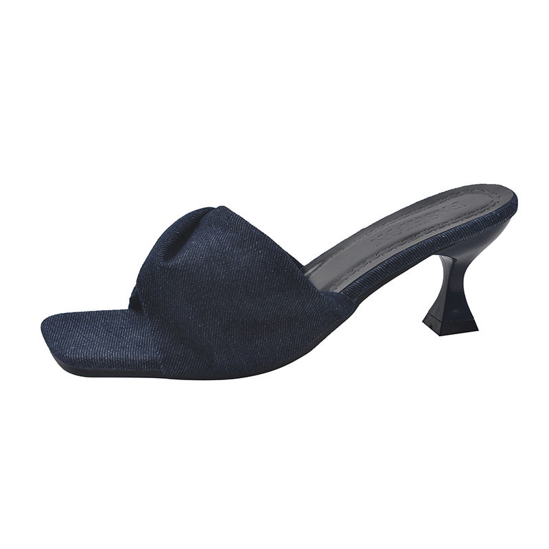 Denim Cross-Strap Square-Toe Stiletto