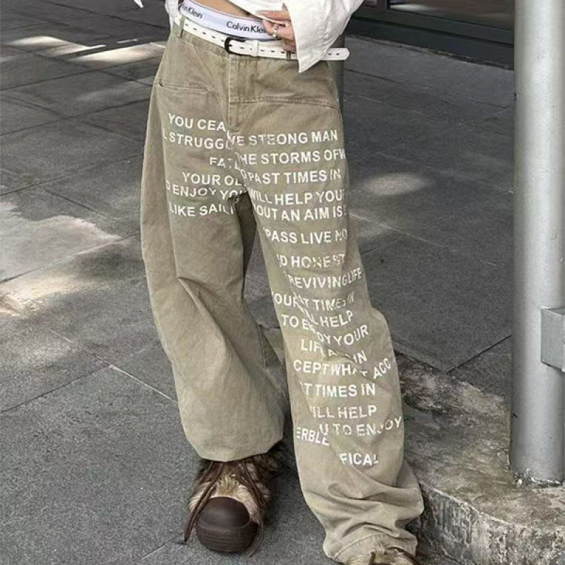 Retro Washed Letter Printed Wide-Leg Jeans