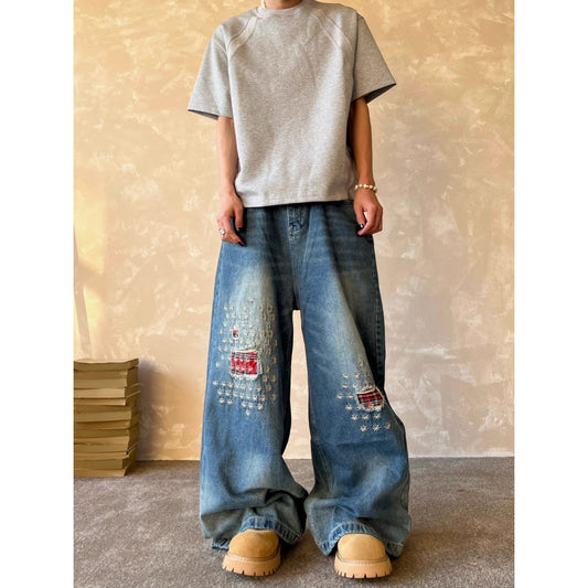 Distressed Embroidered Patch Jeans