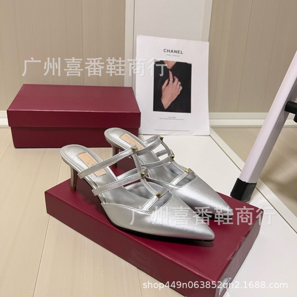 Leather Pointed Metal Rivet Shallow Heels