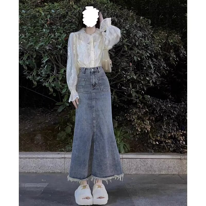 High-Waisted Mermaid Denim Maxi Skirt