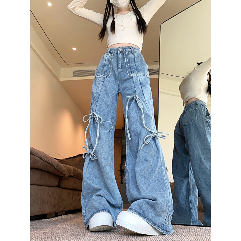 High-Waisted Wide-Leg Jeans with Bow Ties