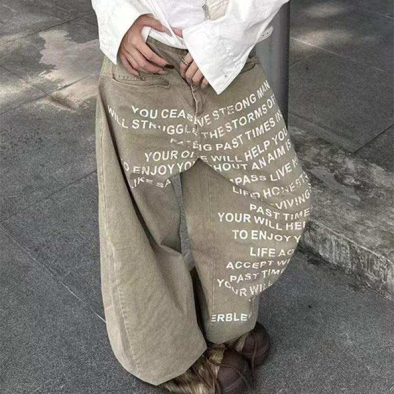 Retro Washed Letter Printed Wide-Leg Jeans