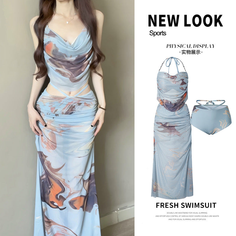 Three-Piece Seaside Vacation Long Skirt Bikini Set