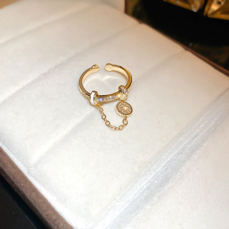 Zircon Diamond Round Chain Tassel Real Gold-plated Ring