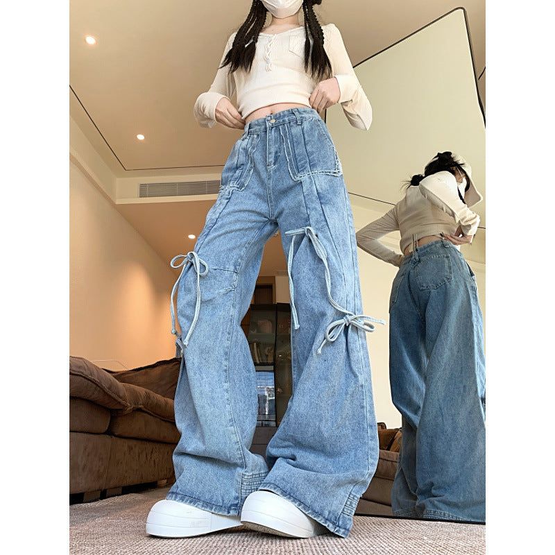 High-Waisted Wide-Leg Jeans with Bow Ties