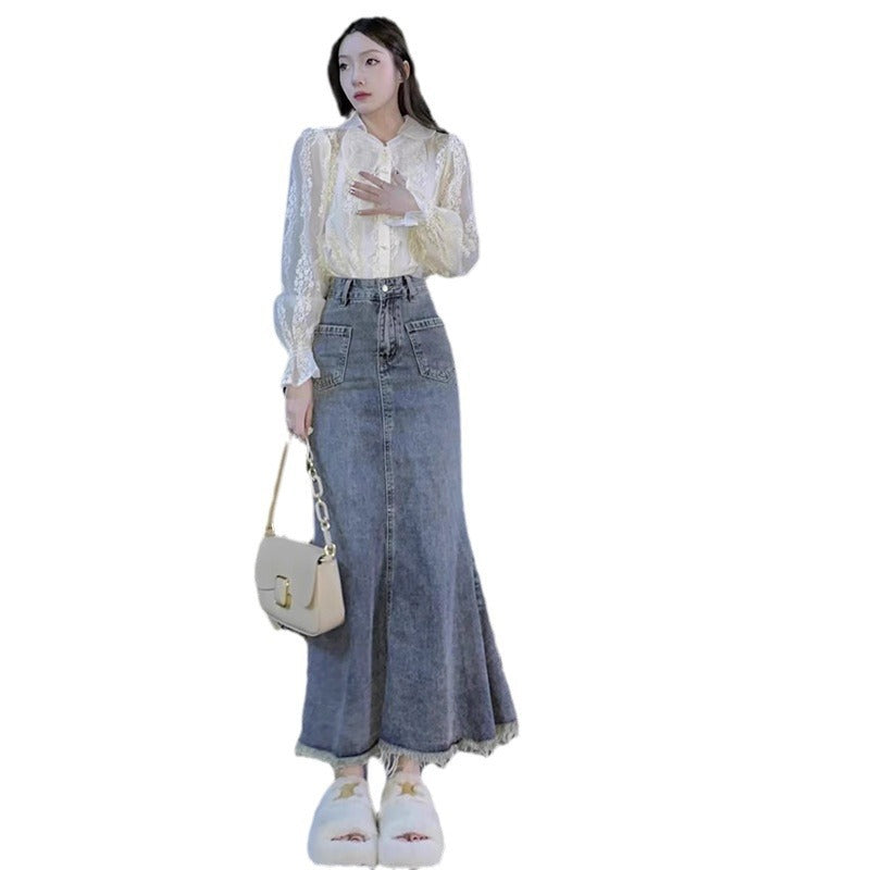 High-Waisted Mermaid Denim Maxi Skirt