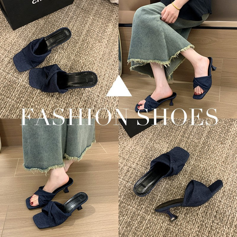 Denim Cross-Strap Square-Toe Stiletto
