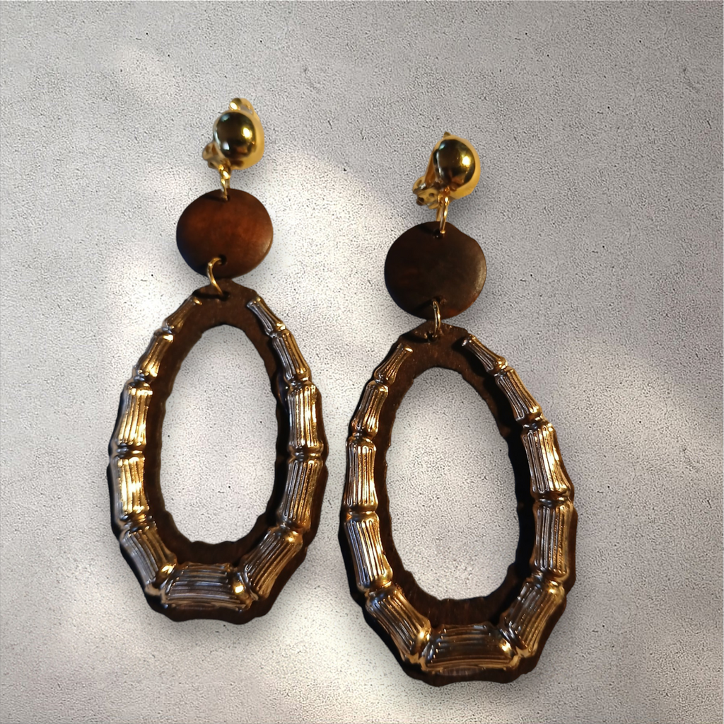 Unique wood and metal clip on bamboo hoops