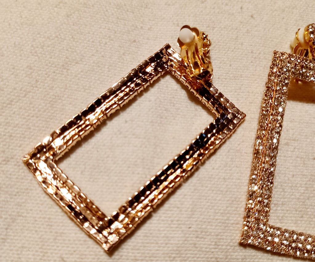 Rhinestone rectangle clip on earrings