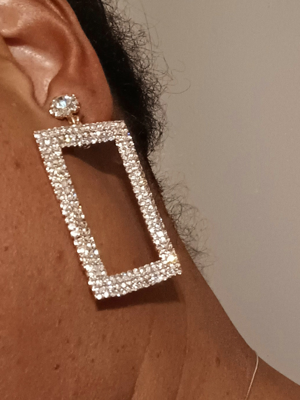 Rhinestone rectangle clip on earrings