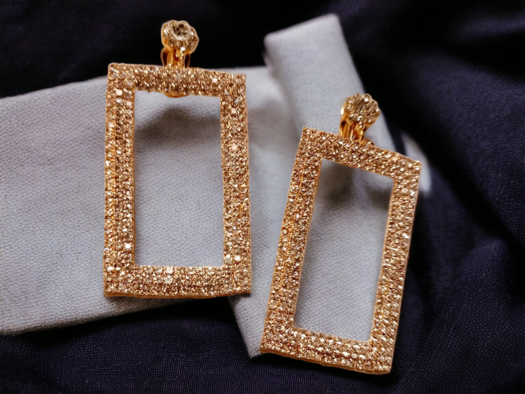Rhinestone rectangle clip on earrings