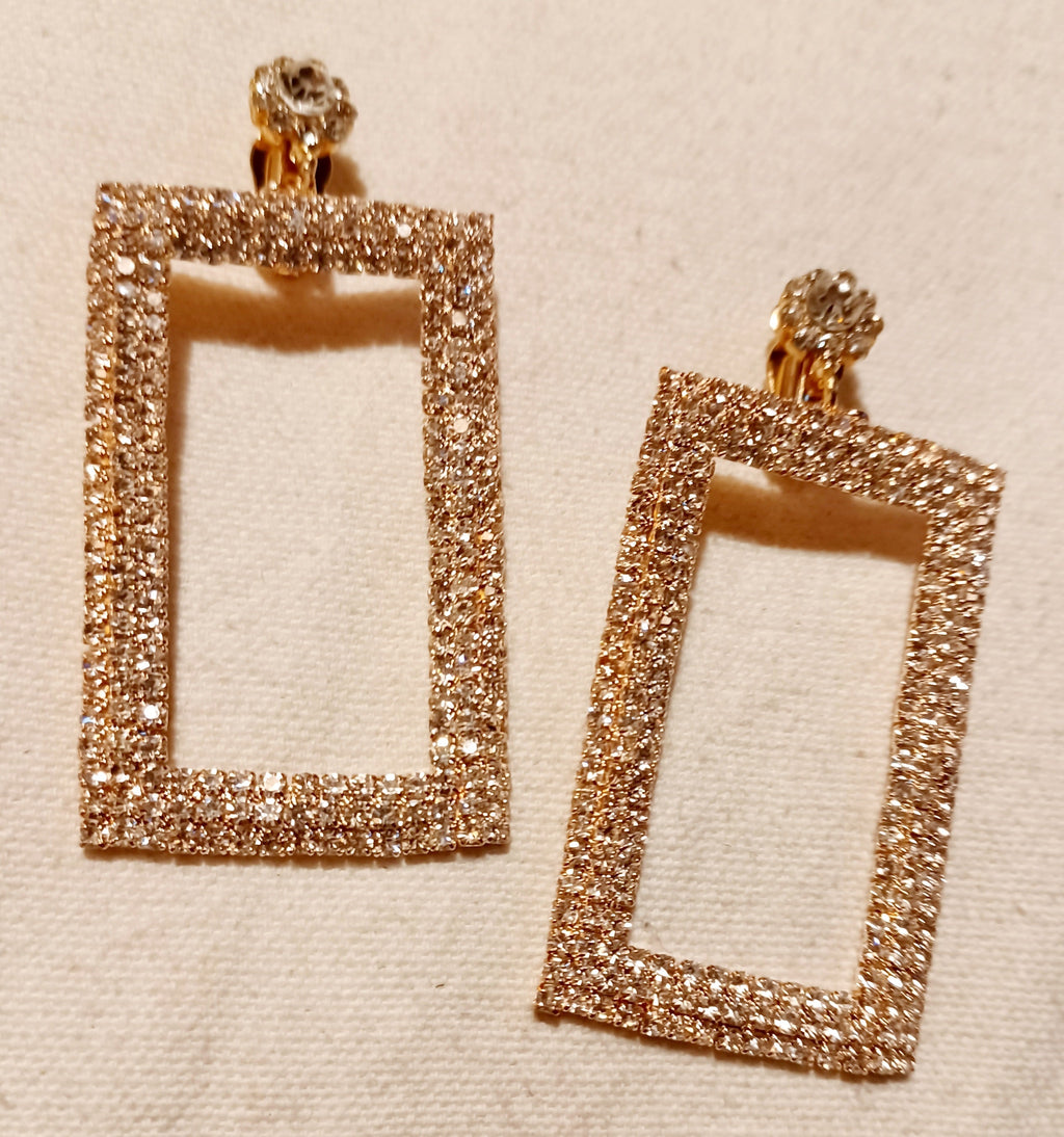 Rhinestone rectangle clip on earrings