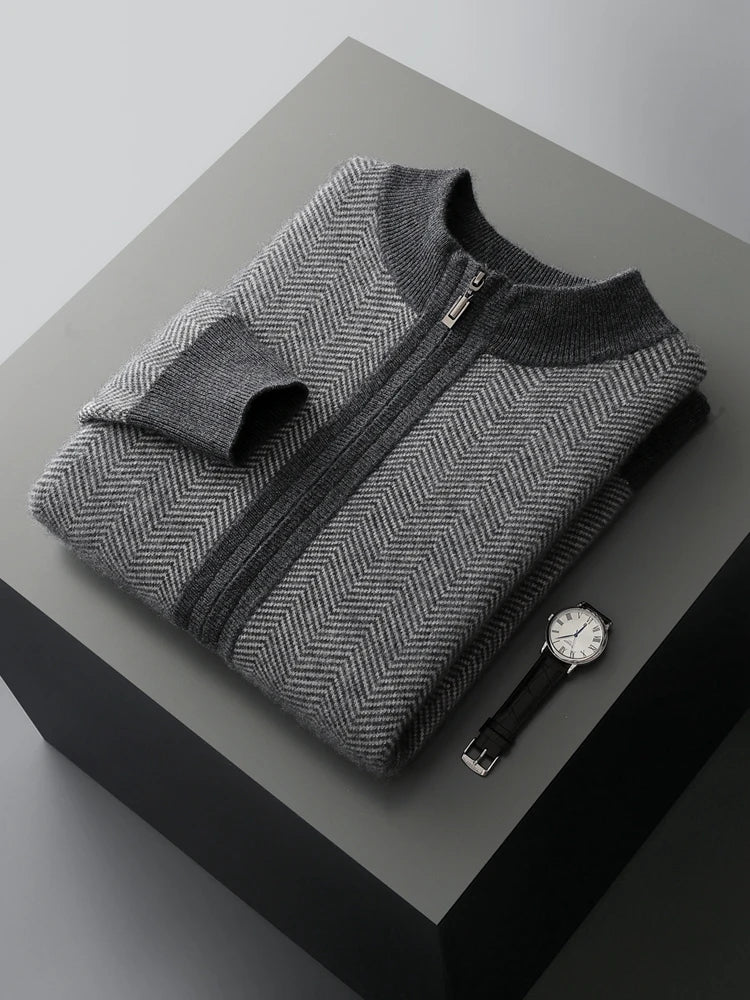 Merino Wool Sweater Cardigan Pants Autumn Winter Knitted Thick Soft Herringbone Color Blocking Pants Set