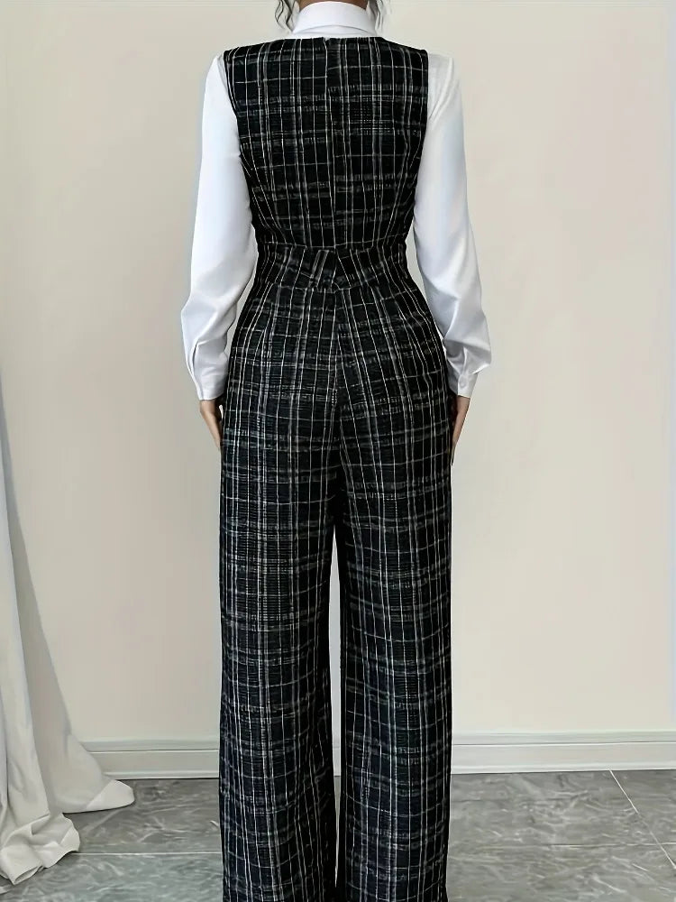 High Waist Wide Leg Plaid Tweed Jumpsuit