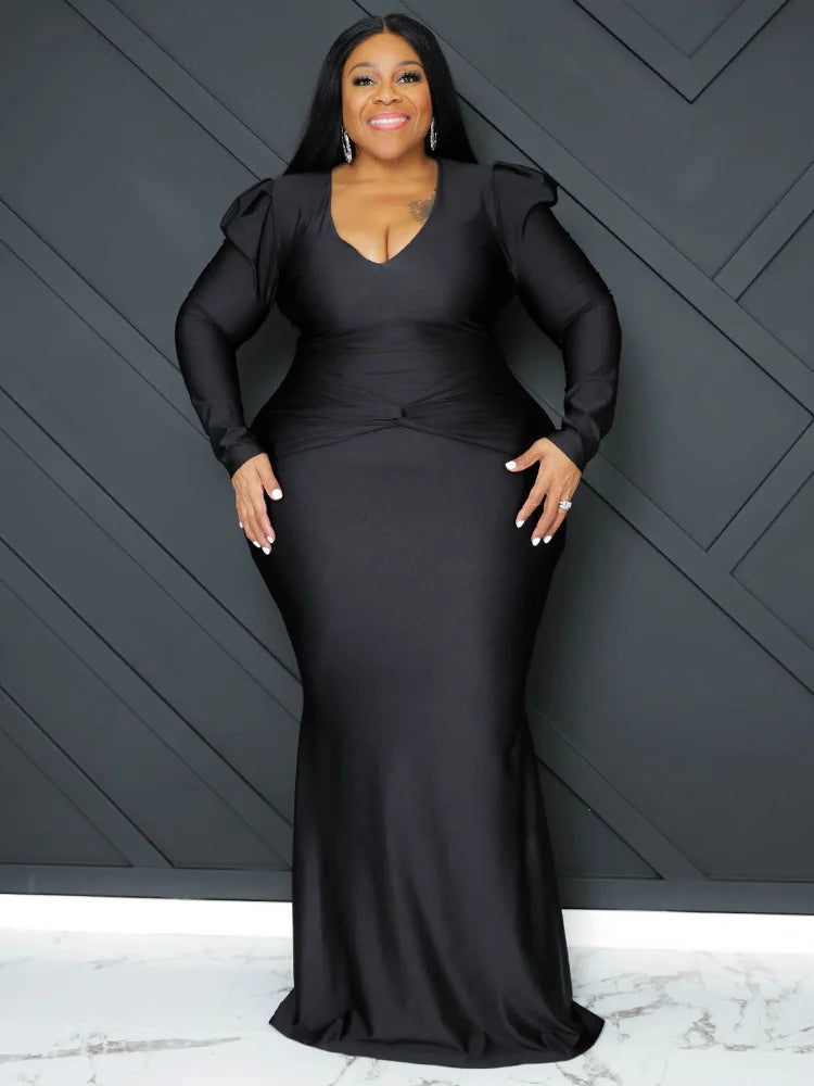 V Neck Long Sleeve Full Length Bodycon Dress