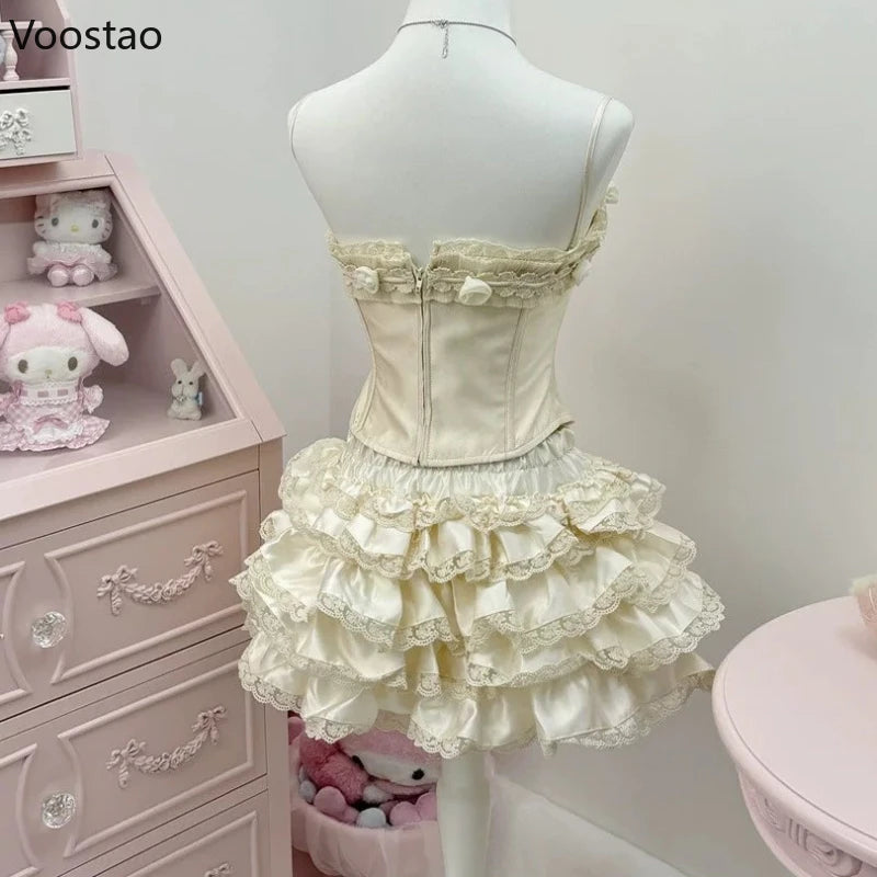 Bow Tank Tops Mini Cake Skirt Set